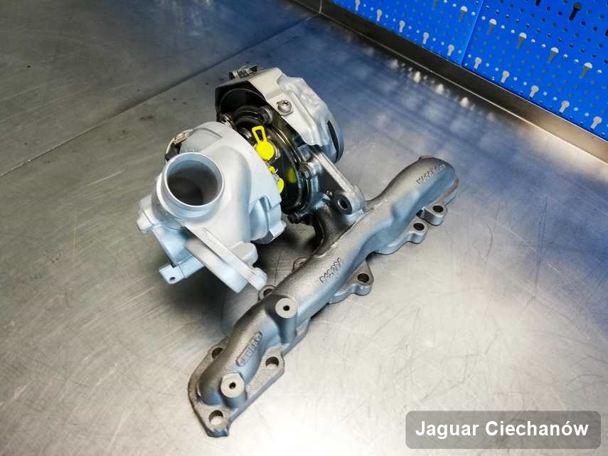Wyremontowana w pracowni regeneracji w Ciechanowie turbosprężarka do pojazdu z logo Jaguar przyszykowana w laboratorium po regeneracji przed spakowaniem